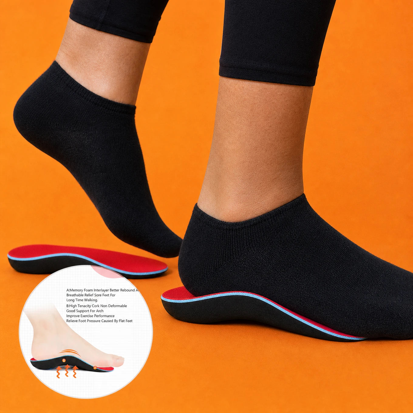 A compact red and black 3/4 orthotic positioned beneath the heel and arch, leaving the forefoot free.