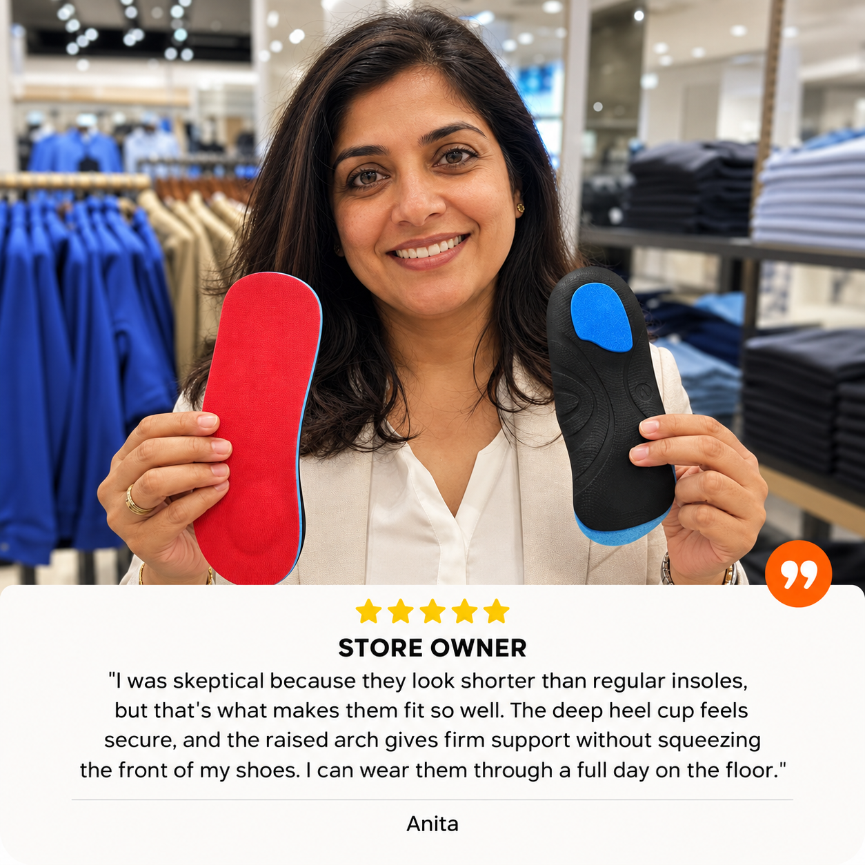 Anita, a store owner, holding orthotic inserts with her five-star review.